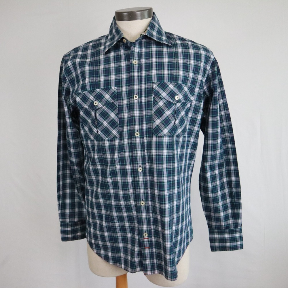 7 for all Mankind Shirt Mens Medium Flap Pocket Button Up Blue Plaid Long Sleeve
